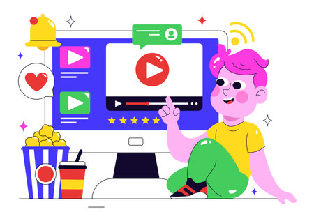 Online Streaming Platforms Illustration Featuring People Watching Live Streams with Video Engagement, Online Education, and Reaching Online Audiencesのイラスト素材