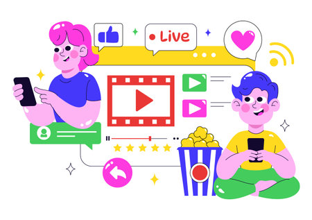 Online Streaming Platforms Illustration Featuring People Watching Live Streams with Video Engagement, Online Education, and Reaching Online Audiencesのイラスト素材
