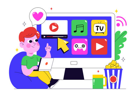 Online Streaming Platforms Illustration Featuring People Watching Live Streams with Video Engagement, Online Education, and Reaching Online Audiencesのイラスト素材