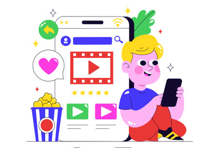 Online Streaming Platforms Illustration Featuring People Watching Live Streams with Video Engagement, Online Education, and Reaching Online Audiencesのイラスト素材