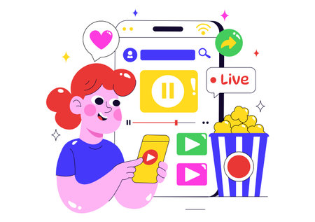 Online Streaming Platforms Illustration Featuring People Watching Live Streams with Video Engagement, Online Education, and Reaching Online Audiencesのイラスト素材