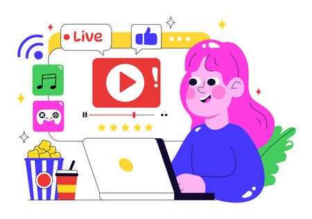 Online Streaming Platforms Illustration Featuring People Watching Live Streams with Video Engagement, Online Education, and Reaching Online Audiencesのイラスト素材