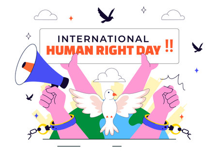 International Human Rights Day Vector Illustration Featuring Diverse People Breaking Chains for Equality, Unity, Freedom, and Peace in Flat Backgroundのイラスト素材