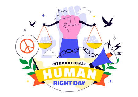 International Human Rights Day Vector Illustration Featuring Diverse People Breaking Chains for Equality, Unity, Freedom, and Peace in Flat Backgroundのイラスト素材