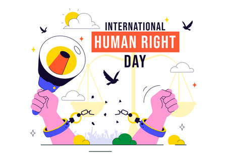 International Human Rights Day Vector Illustration Featuring Diverse People Breaking Chains for Equality, Unity, Freedom, and Peace in Flat Backgroundのイラスト素材