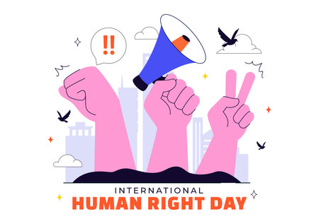 International Human Rights Day Vector Illustration Featuring Diverse People Breaking Chains for Equality, Unity, Freedom, and Peace in Flat Backgroundのイラスト素材