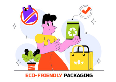 Eco Friendly Packaging Design Vector Illustration Featuring Sustainable Takeaway Paper Package with Botanical and Recyclable Biodegradable Materialsのイラスト素材