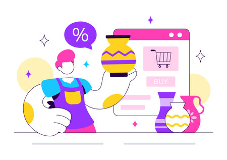 Online Marketplace For Handmade Goods Illustration Featuring a Platform That Allows Craftsmen to Sell Unique Handmade Products to Consumersのイラスト素材