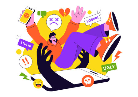 Cyberbullying Illustration Featuring Online Harassment, Network Abuse, and Negative Internet Influence Such as Insults, Swearing, and Verbal Abuseのイラスト素材
