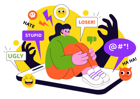 Cyberbullying Illustration Featuring Online Harassment, Network Abuse, and Negative Internet Influence Such as Insults, Swearing, and Verbal Abuseのイラスト素材
