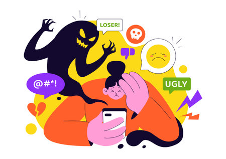Cyberbullying Illustration Featuring Online Harassment, Network Abuse, and Negative Internet Influence Such as Insults, Swearing, and Verbal Abuseのイラスト素材