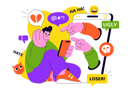 Cyberbullying Illustration Featuring Online Harassment, Network Abuse, and Negative Internet Influence Such as Insults, Swearing, and Verbal Abuseのイラスト素材