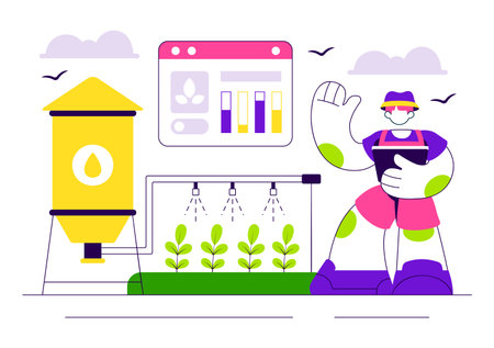 Smart Agriculture Irrigation Systems Illustration Featuring Plant Growth and Vertical Farming with Hydroponics and Plant Monitoring via Mobile Appのイラスト素材
