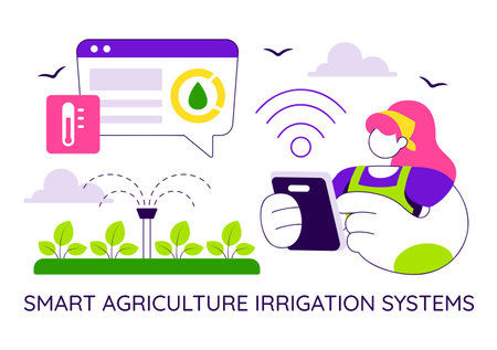 Smart Agriculture Irrigation Systems Illustration Featuring Plant Growth and Vertical Farming with Hydroponics and Plant Monitoring via Mobile Appのイラスト素材