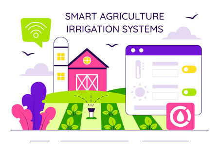 Smart Agriculture Irrigation Systems Illustration Featuring Plant Growth and Vertical Farming with Hydroponics and Plant Monitoring via Mobile Appのイラスト素材
