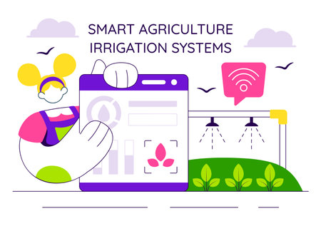 Smart Agriculture Irrigation Systems Illustration Featuring Plant Growth and Vertical Farming with Hydroponics and Plant Monitoring via Mobile Appのイラスト素材