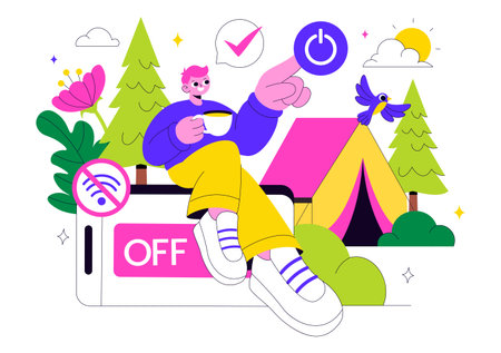 Digital Detox Retreat Illustration Featuring Turning Off Smartphones While Practicing Mindfulness, Reducing Screen Time, And Enjoying Tech Free Zonesのイラスト素材
