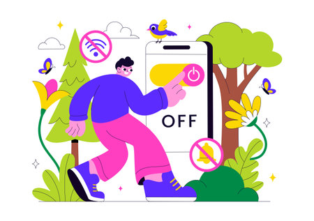 Digital Detox Retreat Illustration Featuring Turning Off Smartphones While Practicing Mindfulness, Reducing Screen Time, And Enjoying Tech Free Zonesのイラスト素材