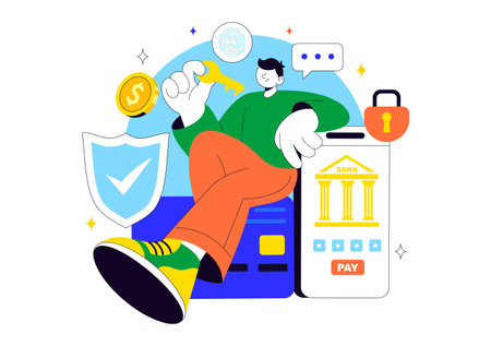 Digital Banking Security Vector Illustration Featuring Secure Payment System for Online Transactions, Investment and Financial Assets Safelyのイラスト素材