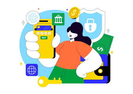 Digital Banking Security Vector Illustration Featuring Secure Payment System for Online Transactions, Investment and Financial Assets Safelyのイラスト素材