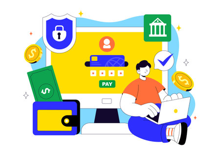 Digital Banking Security Vector Illustration Featuring Secure Payment System for Online Transactions, Investment and Financial Assets Safelyのイラスト素材