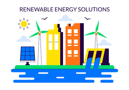 Renewable Energy Solutions Illustration Featuring Renewable Natural Resources Such as the Sun, Wind, and Air to Produce Clean and Sustainable Powerのイラスト素材