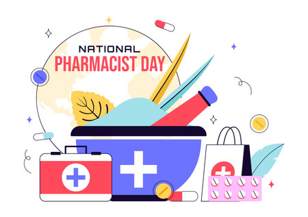 National Pharmacists Day Vector Illustration Featuring a Doctor, Medicine, and Pills in a Healthcare Themed Flat Style Cartoon Backgroundのイラスト素材