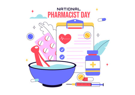 National Pharmacists Day Vector Illustration Featuring a Doctor, Medicine, and Pills in a Healthcare Themed Flat Style Cartoon Backgroundのイラスト素材