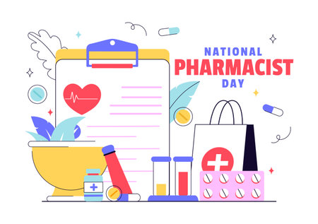 National Pharmacists Day Vector Illustration Featuring a Doctor, Medicine, and Pills in a Healthcare Themed Flat Style Cartoon Backgroundのイラスト素材