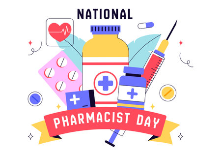National Pharmacists Day Vector Illustration Featuring a Doctor, Medicine, and Pills in a Healthcare Themed Flat Style Cartoon Backgroundのイラスト素材