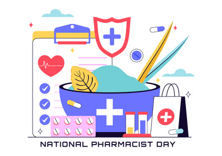 National Pharmacists Day Vector Illustration Featuring a Doctor, Medicine, and Pills in a Healthcare Themed Flat Style Cartoon Backgroundのイラスト素材