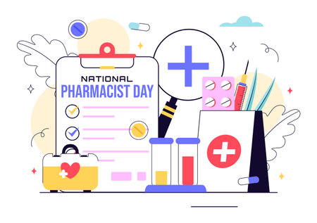 National Pharmacists Day Vector Illustration Featuring a Doctor, Medicine, and Pills in a Healthcare Themed Flat Style Cartoon Backgroundのイラスト素材