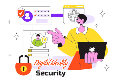 Digital Identity Security Illustration Featuring Secure User Authentication With Passwords, Verifying Identities, Biometric Data, And Login Activityのイラスト素材