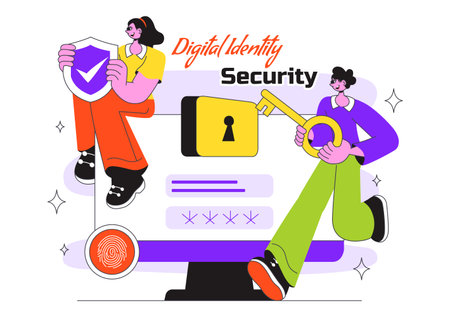 Digital Identity Security Illustration Featuring Secure User Authentication With Passwords, Verifying Identities, Biometric Data, And Login Activityのイラスト素材
