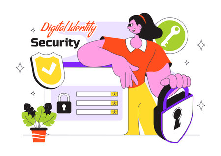 Digital Identity Security Illustration Featuring Secure User Authentication With Passwords, Verifying Identities, Biometric Data, And Login Activityのイラスト素材