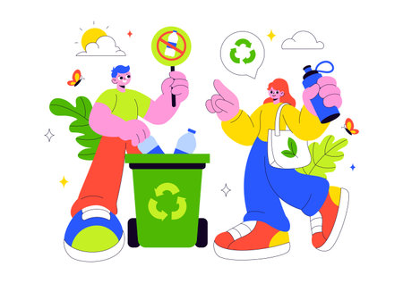 Plastic Waste Reduction Vector Illustration Featuring Waste Minimization, Organic Garbage Management, And Environmental Awareness Campaign Backgroundのイラスト素材