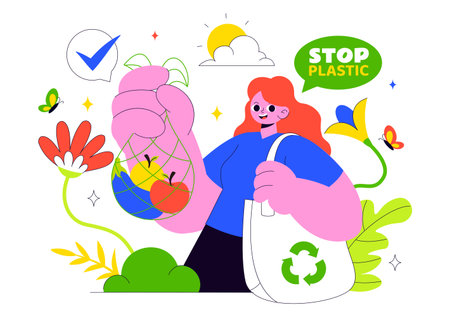 Plastic Waste Reduction Vector Illustration Featuring Waste Minimization, Organic Garbage Management, And Environmental Awareness Campaign Backgroundのイラスト素材