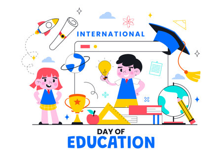 International Day of Education Vector Illustration on January 24, Featuring Students, Books, and Learning Tools in a Flat Style Cartoon Backgroundのイラスト素材
