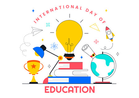 International Day of Education Vector Illustration on January 24, Featuring Students, Books, and Learning Tools in a Flat Style Cartoon Backgroundのイラスト素材