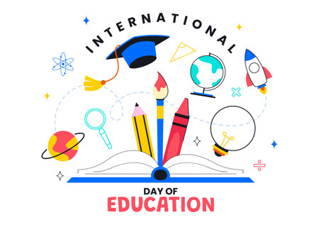 International Day of Education Vector Illustration on January 24, Featuring Students, Books, and Learning Tools in a Flat Style Cartoon Backgroundのイラスト素材