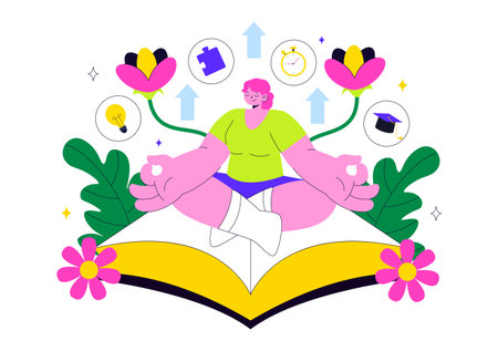 Personal Growth Vector Illustration Featuring Development Through Positive Habits, Lifelong Learning, Adaptability and Perseverance for Career Successのイラスト素材