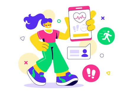 Mobile Health Tracker App Illustration Featuring Telemedicine Device For Heartbeat, Temperature, And Body Activity Monitoring To Mental Wellnessのイラスト素材