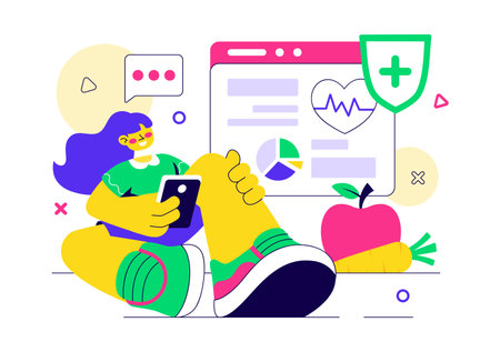 Mobile Health Tracker App Illustration Featuring Telemedicine Device For Heartbeat, Temperature, And Body Activity Monitoring To Mental Wellnessのイラスト素材