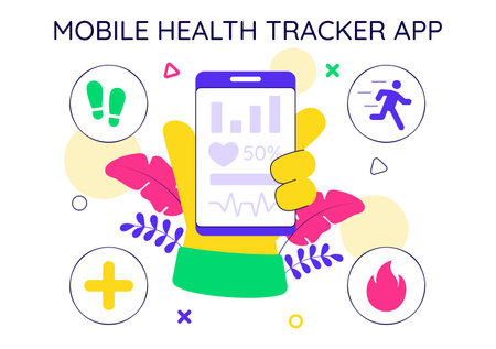 Mobile Health Tracker App Illustration Featuring Telemedicine Device For Heartbeat, Temperature, And Body Activity Monitoring To Mental Wellnessのイラスト素材