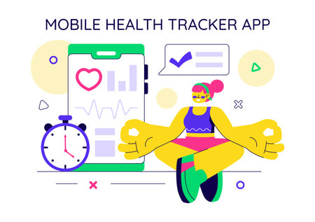 Mobile Health Tracker App Illustration Featuring Telemedicine Device For Heartbeat, Temperature, And Body Activity Monitoring To Mental Wellnessのイラスト素材