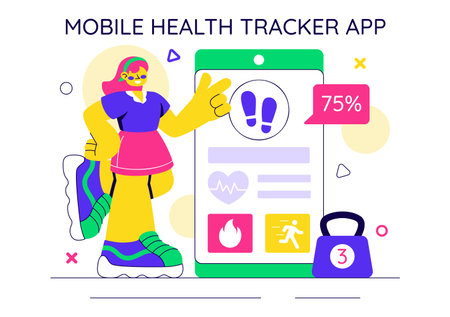 Mobile Health Tracker App Illustration Featuring Telemedicine Device For Heartbeat, Temperature, And Body Activity Monitoring To Mental Wellnessのイラスト素材