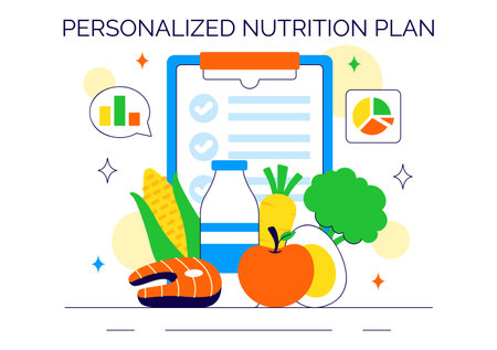 Personalized Nutrition Plan Vector Illustration Featuring Healthy Food, Diet Planning with Meal Planner, and Calorie Control in a Flat Style Backgroundのイラスト素材
