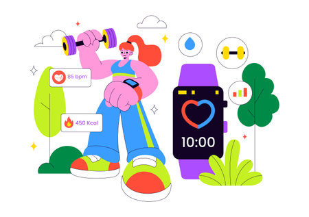 Smart Wearable Fitness Band Vector Illustration Featuring Smartwatch Tracker With Multimedia Apps For Lifestyle, Work, And Heart Rate Monitoringのイラスト素材
