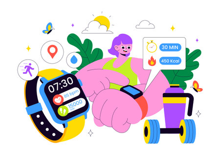 Smart Wearable Fitness Band Vector Illustration Featuring Smartwatch Tracker With Multimedia Apps For Lifestyle, Work, And Heart Rate Monitoringのイラスト素材