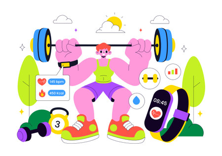 Smart Wearable Fitness Band Vector Illustration Featuring Smartwatch Tracker With Multimedia Apps For Lifestyle, Work, And Heart Rate Monitoringのイラスト素材